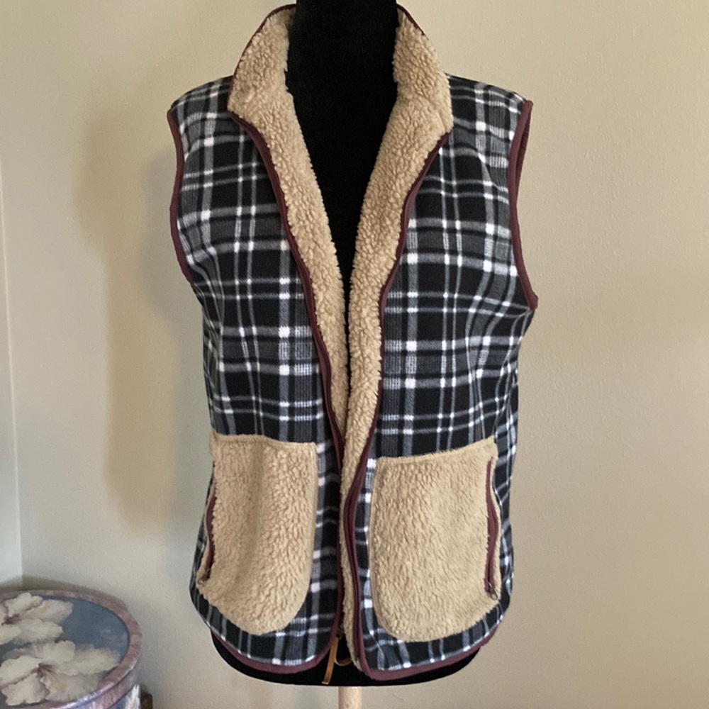 Eddie Bauer Black & White Plaid Sherpa-Lined Vest with Tan Trim